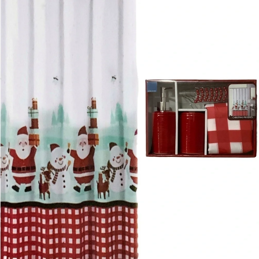 Holiday Bath Set Fabric Shower Curtain Christmas Santa Presents And Accessories